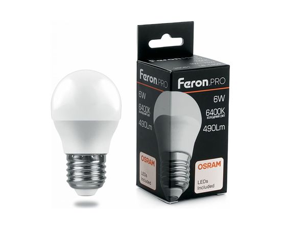 Светодиодная лампа FERON PRO LB-1406 Шарик E27 6W 6400K OSRAM LED 38070 