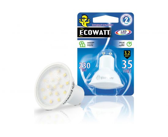 Светодиодная лампа ECOWATT GU10, 230В, 3.2(35)W, 4000K, GU10, холодный белый свет 4606400614029 