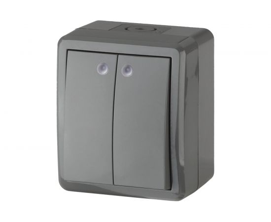 Двойной выключатель с подсветкой ЭРА 11-1405-03 IP54, 10АХ-250В, ОУ, Эксперт, серый Б0020678 