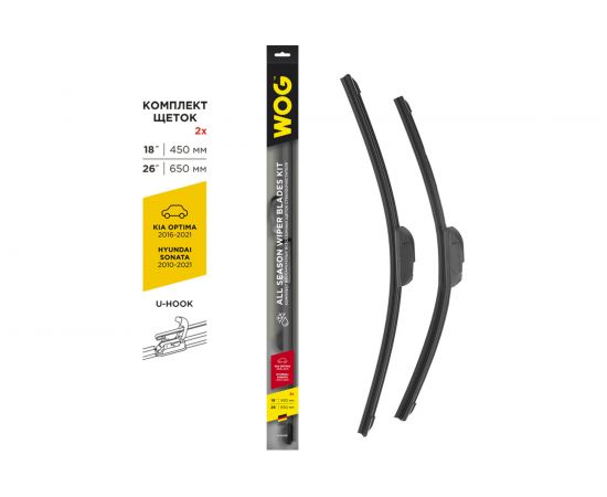 Комплект всесезонных бескаркасных бесшумных щеток стеклоочистителя (2 шт; 26""/650 мм; 18""/450 мм""; Hook) WOG WGC1413 – изображение 2