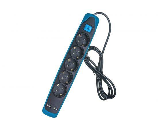 Electraline Удлинитель 5Р+2USB с выключателем 3x1-2М с заземлением силикон черно-синий 62157 – изображение 2