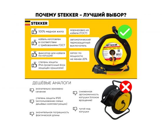 Удлинитель на пластиковой катушке STEKKER STD02-11-30, 30м, 1 гнездо с заземлением 3х1, оранжевый, 39635 – изображение 2