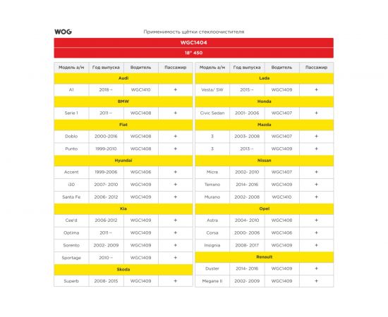 Щетка стеклоочистителя всесезонная бескаркасная бесшумная 18"/450 мм с адаптерами WOG WGC1404 – изображение 4