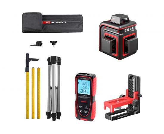 Комплект ADA лазерный уровень CUBE 3-360, дальномер Cosmo 50, элевационный штатив-штанга А00696 