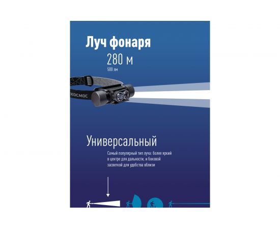 Налобный велосипедный аккумуляторный фонарь КОСМОС 10Вт LED, съемный Li-ion 18650 1200mAh, алюминий, USB шнур KOS501Lit – изображение 4