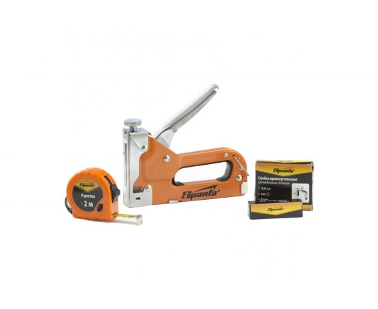 Набор: степлер мебельный регулируемый, скобы 500 шт, рулетка 2м, тип скобы 53, 6-14 мм SPARTA 42003 