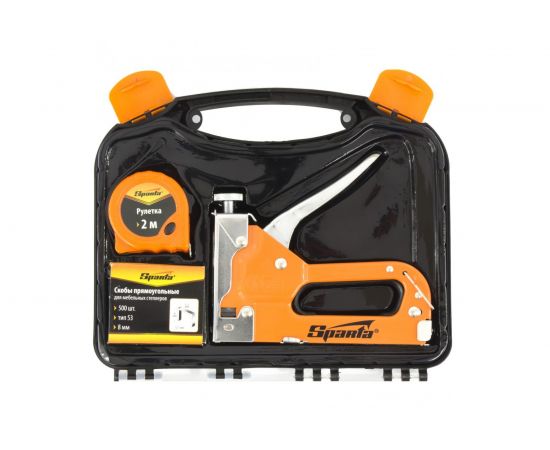 Набор: степлер мебельный регулируемый, скобы 500 шт, рулетка 2м, тип скобы 53, 6-14 мм SPARTA 42003 – изображение 2