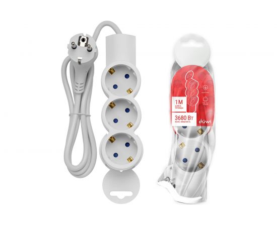 Удлинитель с заземлением duwi 3 розетки, 1 метр, 3х1,0мм2, 3680 Вт, 16А, 32072 2 