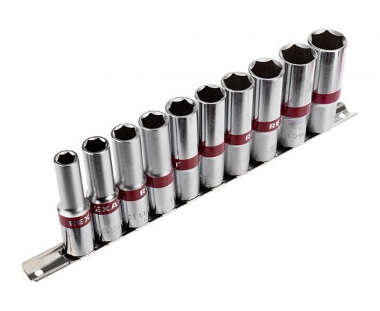 Набор удлиненных торцевых головок REXANT 1/2, шестигранные, CrV, 10 шт, 10-22 мм 12-8308 