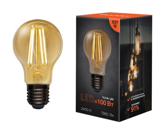 Филаментная лампа REXANT Груша A60 11.5 Вт 2400K E27 золотистая колба 604-080 