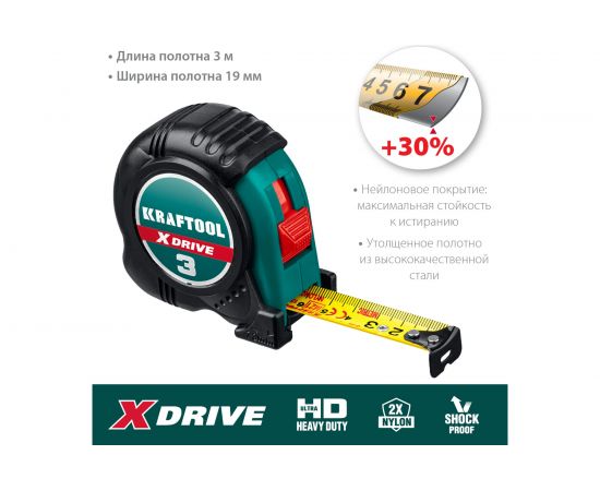 Рулетка KRAFTOOL X-Drive 3м/19мм с ударостойким обрезиненным корпусом 34122-03-19_z02 – изображение 2