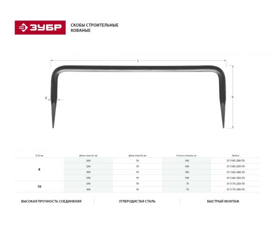 Строительная кованая скоба ЗУБР 200 х 70 х 8мм, 100 шт 311165-200-70 – изображение 4