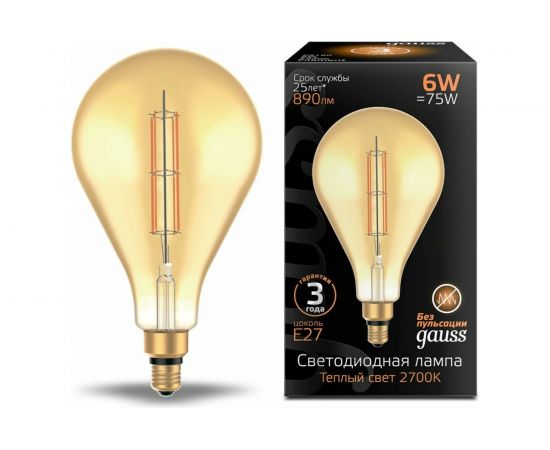 Лампа Gauss LED Vintage Filament Straight PS160 6W E27 160*290mm Amber 890lm 2700K 1/6 179802118 