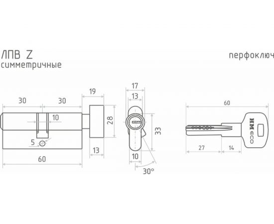 Цилиндровый механизм НОРА-М ЕСО Z ЛПВ-60 30-30 хром Х 16103 – изображение 3