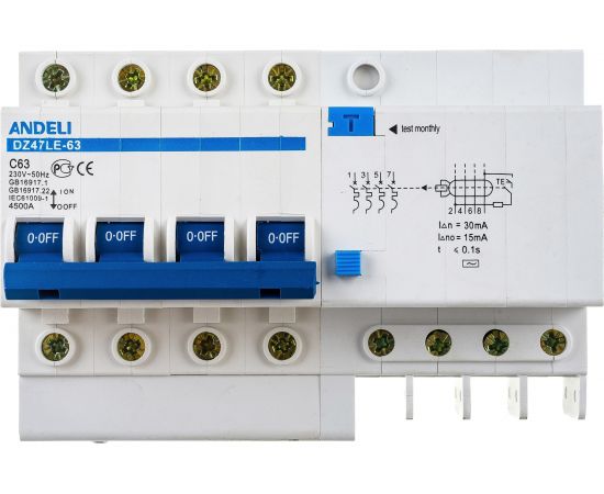 Дифференциальный автомат ANDELI DZ47LE-63 4P 63A 30mA тип AC х-ка С ADL02-016 