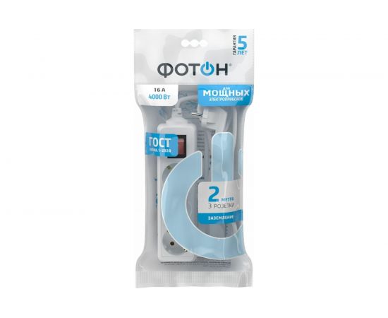 Сетевой удлинитель ФОТОН 16-23ЕS, 2м, 3 розетки, 16А, с выключателем, с заземлением, Белый 24751 