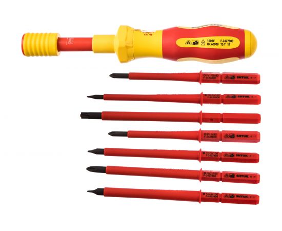 Набор диэлектрических отверток со сменными вставками 7+1, (в кофре, динамометрическая рукоятка 1-5 Нм) SHTOK 09350 