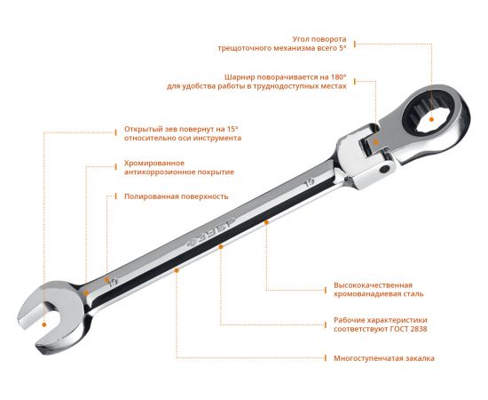 Набор комбинированных гаечных ключей трещоточных шарнирных 7 шт 8 - 19 мм Зубр 27101-H7 – изображение 3