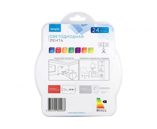 Светодиодная лента Apeyron в блистере, 1м 12В,14,4Вт/м, smd5050, 60д/м, IP20, 700Лм/м, подложка 10мм, дневной белый 224BL – изображение 6