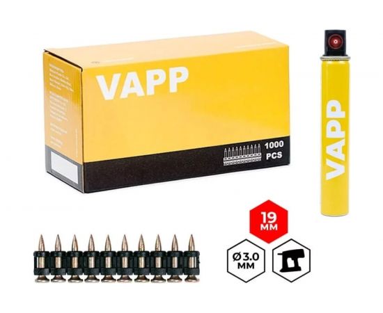 Кованые гвозди для монтажного пистолета VAPP 19х3 мм, с газовым баллоном 165 мм VAPP.G-BP319 