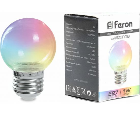 Светодиодная лампа FERON LB-371, G60 шар, 3W 230V E27 RGB, угол рассеивания 220 38130 