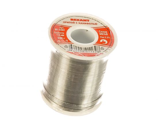 Припой с канифолью (500 гр; 1 мм; Sn60 Pb40 Flux 2.2%) REXANT 09-3363 – изображение 2