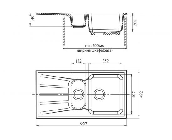 Мойка GRANFEST STANDART GF-S--940KL мрамор, 1.5 чаши+крыло, 927х492 мм, графит S-940 KL граф – изображение 2