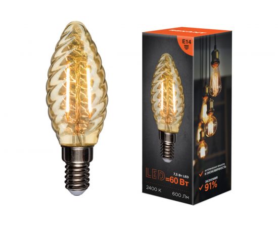 Филаментная лампа REXANT Витая свеча LCW35 7.5 Вт 2400K E14 золотистая колба 604-119 – изображение 4