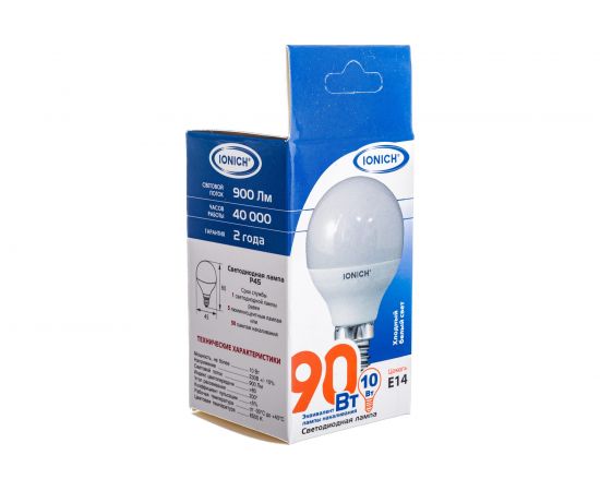 Светодиодная лампа IONICH Шар ILED-SMD2835-P45-10Вт-900Лм-230В-6500К-E14 1805 – изображение 6
