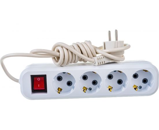 4-местный удлинитель STEKKER с заземлением с выключателем, 3x0,75мм2, 2м, 10А, У10А-003, белый HM03-41-02 39523 