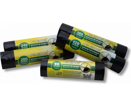 Мешки для мусора в рулоне с завязками Практичные (5 шт; 110x115; 240 л; черные; ПВД; 40 мкм) Ромашка ЗВП-240/5/15/Ч – изображение 2