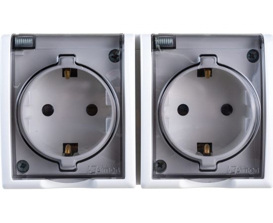 Двойная розетка Simon с заземлением Schuko со шторками, с крышкой полупрозрачной, IP54, 16А 250В 1594443-030 