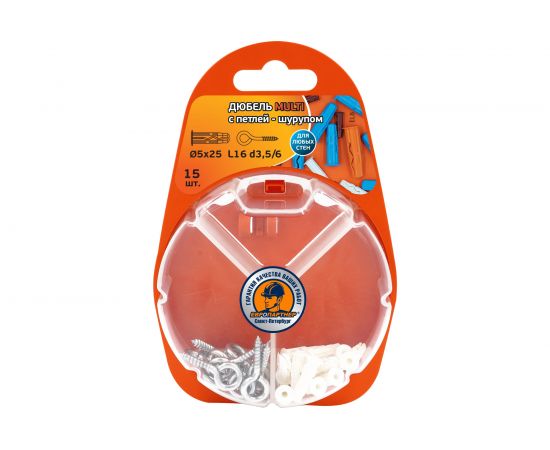 Дюбель ЕВРОПАРТНЕР MULTI 5 + петля-шуруп, L16 х d3,5 х d6 ZN, 15 шт. RB2 0148 – изображение 2