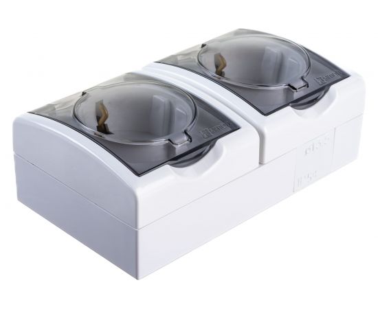 Двойная розетка Simon с заземлением Schuko со шторками, с крышкой полупрозрачной, IP54, 16А 250В 1594443-030 – изображение 3