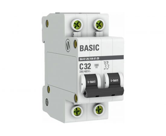 Автоматический двухполюсный выключатель EKF 32А С ВА47-29 4.5кА 7467749 