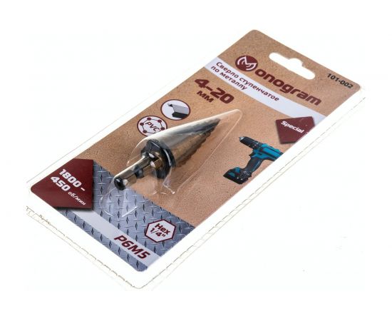 Сверло ступенчатое спиральное по металлу Special (4-20 мм; 9 ступеней; Р6М5) Monogram 101-002 – изображение 4