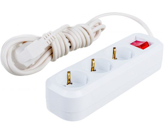 3-местный удлинитель STEKKER с заземлением с выключателем, 3x0,75мм2, 3м, 10А, У10А-002, белый HM03-31-03 39198 