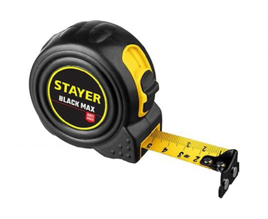 Рулетка Stayer BlackMax 8м / 25мм в ударостойком полностью обрезиненном корпусе и двумя фиксаторами 3410-08_z02 
