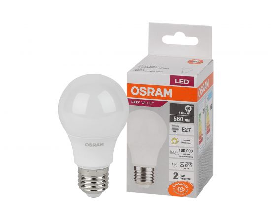 Светодиодная лампа OSRAM LED Value, A. E27, 560Лм, 7Вт, замена 60Вт, 3000К, теплый белый свет 4058075577893 