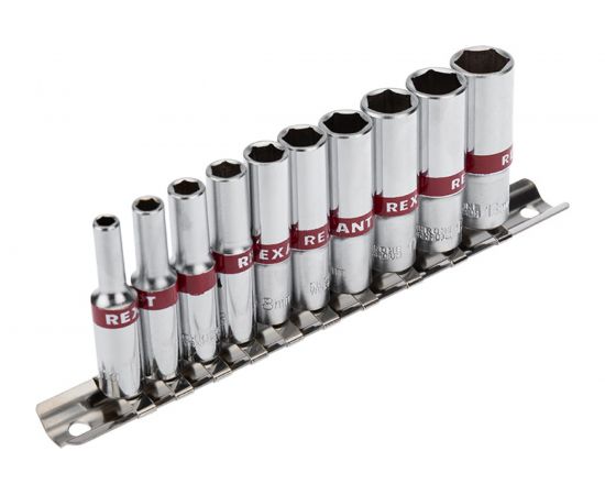 Набор удлиненных торцевых головок REXANT 1/4, шестигранные, CrV, 10 шт, 4-13 мм 12-8318 