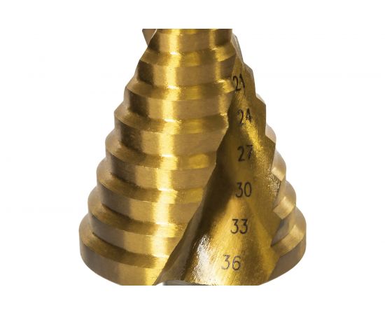 Сверло ступенчатое спиральное с кобальтовым покрытием по металлу (9-36 мм; шаг 3 мм; 3-х гран.хвост.10 мм) ПРАКТИКА 793-787 – изображение 2