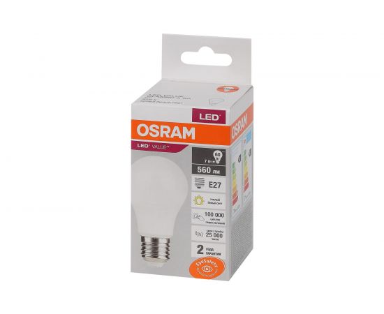 Светодиодная лампа OSRAM LED Value, A. E27, 560Лм, 7Вт, замена 60Вт, 3000К, теплый белый свет 4058075577893 – изображение 3
