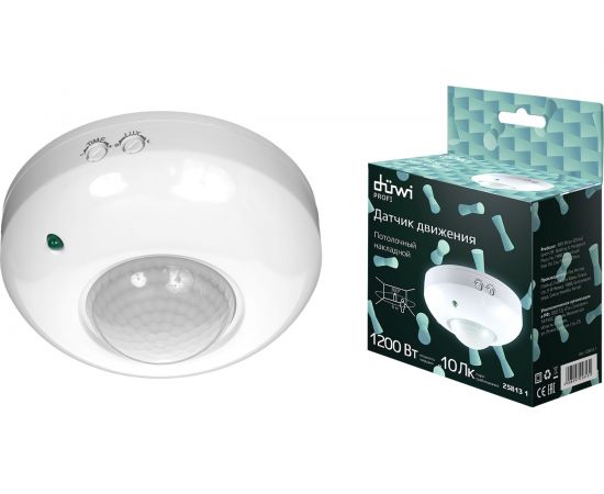 Потолочный датчик движения duwi DDP-01 360, 1200Вт, 10-420с, 6м, 3-2000Лк, белый 25813 1 
