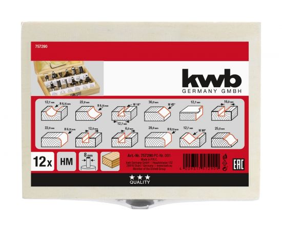 Набор фрез (12 предметов; хв-к 8 мм) для фрезера KWB 757290 – изображение 3