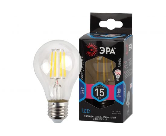 Лампа ЭРА FLED A6015W840E27, филамент, груша, 15Вт, тепл, Е27 10/100/1500 Б0046983 