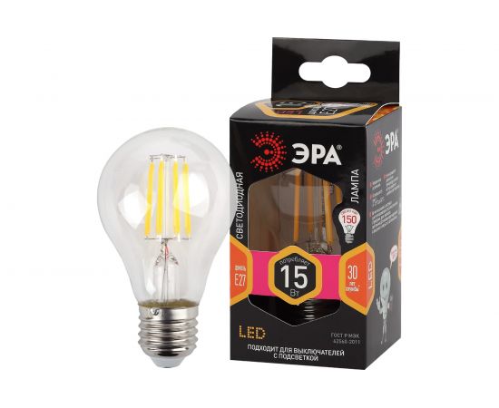 Лампа ЭРА FLED A6015W827E27, филамент, груша, 15Вт, тепл, Е27 10/100/1500 Б0046981 
