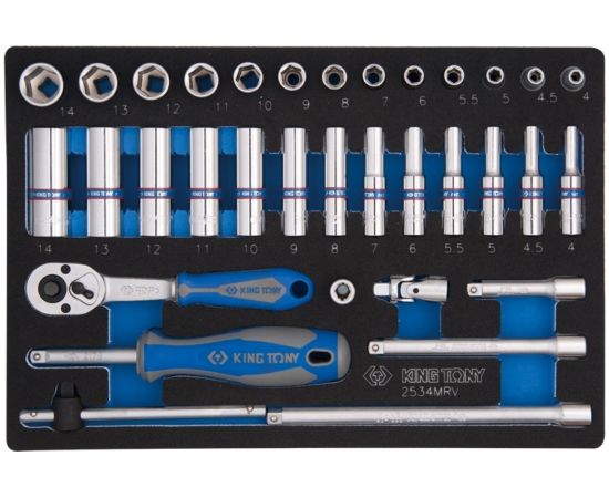 Набор шестигранных торцевых головок с принадлежностями KING TONY 1/4"" 4-14 мм, 34 предмета 2534MRV 