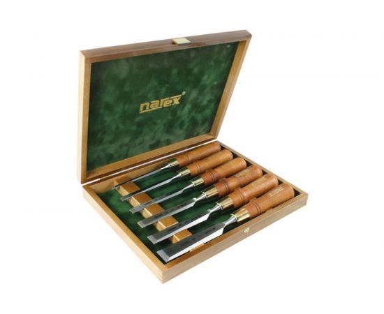 Набор из 6 плоских стамесок с ручкой 6, 10, 12, 16, 20, 26мм в деревянном кейсе NAREX WOOD LINE PLUS 853200 