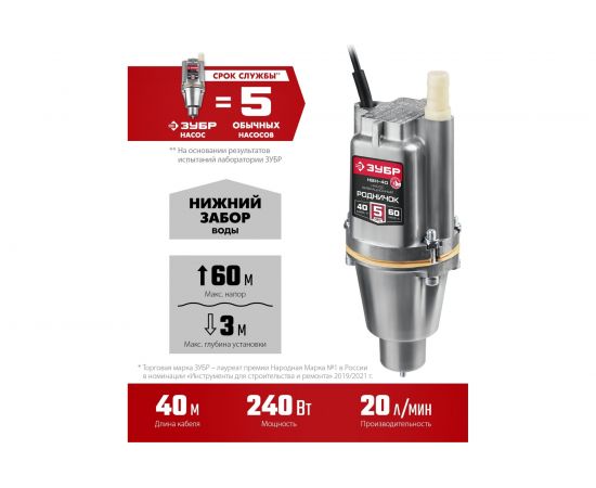 Вибрационный насос с нижним забором воды ЗУБР Родничок-Н кабель 40 м НВН-40 – изображение 2