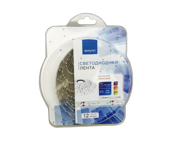 Светодиодная лента в блистере APEYRON 12В, 4,8Вт/м, smd 3528, 60 д/м, IP65, 5м, красный 04BL 